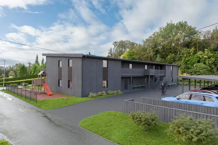 Gamlevegen 12 i Førre Hageby, åtte leiligheter over to etasjer med carport og lekeplass. Illustrasjon.