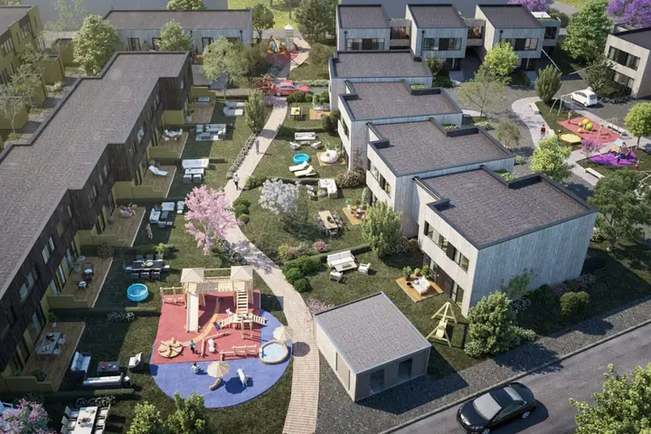 Krossneshagen på Vormedal, rekkehus med hager og lekeplass. Illustrasjon.