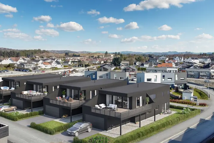 Spannatoppen på Karmsund, eneboliger med utsikt over byen. Illustrasjon.